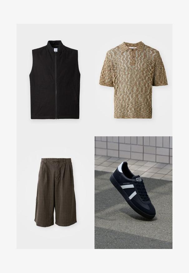 Sort ærmeløs vest lavet af tekstureret stof, med en frontlynlås, høj krave og to sidelommer. Enkel og funktionel design.; Kortærmet polo t-shirt i en tan, tekstureret strik med bølgende mønstre. Har en krave og en brun knap ved halsen.; Brune stribede shorts med en løs pasform. Fremstillet af letvægtsstof, med plisseringer og en opsmøget kanten for ekstra detaljer.; Sort lædersneaker med hvide striber, tekstureret gummisål og snørrebånd foran. Har et brandet mærke på tungen.