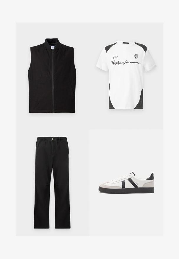 Chaleco negro sin mangas hecho de tela texturizada, con cremallera frontal, cuello alto y dos bolsillos laterales. Diseño simple y funcional.; Camiseta blanca de manga corta con acentos negros. Lleva el logo "REPLAY FC" y el texto "Highperformance" en una fuente deportiva. Fabricada con un material suave.; Pantalones negros de algodón con una cintura elástica, que cuentan con un diseño de pierna recta, textura suave y sin acentos ni patrones visibles.; Zapatilla blanca con acentos en negro y gris, que presenta una puntera texturizada en gris, suela de goma negra y cordones planos blancos. Diseño limpio, estilo minimalista.