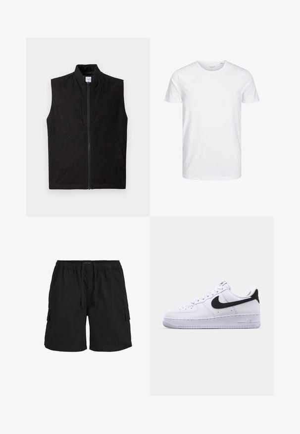 Sort ærmeløs vest lavet af tekstureret stof, med en frontlynlås, høj krave og to sidelommer. Enkel og funktionel design.; Rundhals kortærmet t-shirt i ensfarvet hvid, lavet af blød bomuld, har et simpelt design uden synlige mønstre eller detaljer.; Sorte cargo shorts med elastisk talje, snor, sidelommer og et tekstureret stof. Designet til komfort og funktionalitet.; Hvide lædersneakers med en struktureret sort Swoosh, flade snørebånd og en gummisål med et rillemønster. "AIR" er præget på hælen.