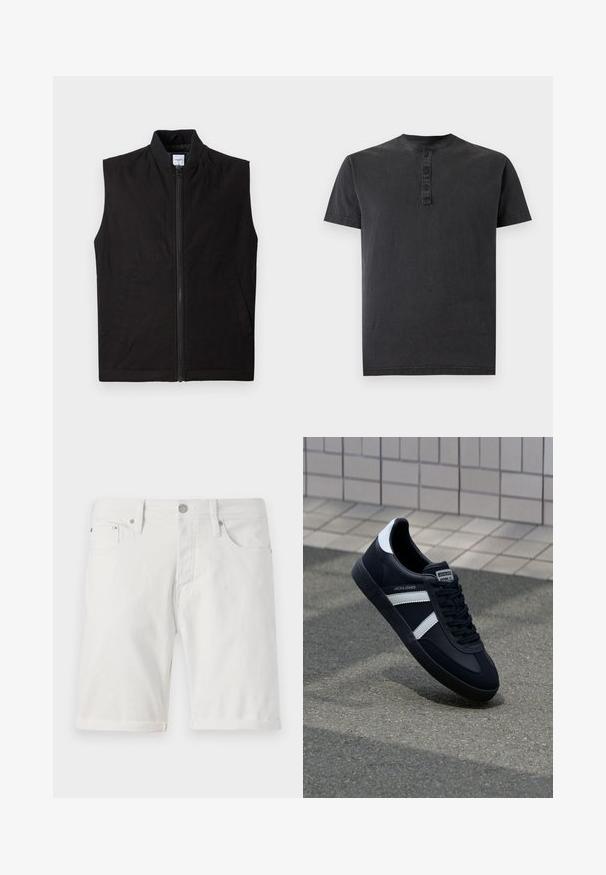 Zwarte mouwloze vest gemaakt van textuurstof, met een voorrits, hoge kraag en twee zijzakken. Eenvoudig en functioneel ontwerp.; Zwarte henley-T-shirt met korte mouwen, knoopsluiting met drie knopen en ronde hals op een effen achtergrond.; Witte denim shorts met een klassieke snit, voorzien van een opgerolde zoom, zijzakken en een metalen knoopsluiting. Glad oppervlak.; Zwarte leren sneaker met witte strepen, een gestructureerde rubberen zool en vetersluiting aan de voorkant. Voorzien van een merklabel op de tong.