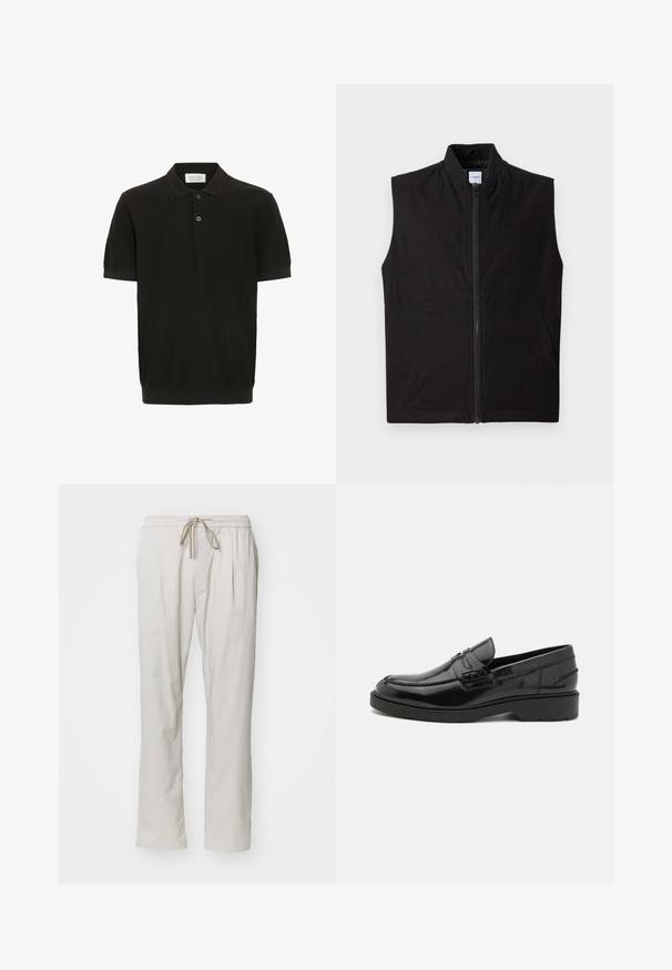 Schwarze ärmellose Weste aus strukturiertem Stoff, mit einem frontalen Reißverschluss, hohem Kragen und zwei Seitentaschen. Einfaches und funktionales Design.; Schwarzes Poloshirt mit kurzen Ärmeln und strukturiertem Finish, drei-Knopf-Leiste und klassischem Kragen. Besitzt einen eng anliegenden gerippten Saum.; Helle beigefarbene, leichte Hose mit elastischem Bund und Kordelzug. Verfügt über zwei Seitentaschen und ein gerades Bein-Design.; Schwarze Lederloafers mit glatter Oberfläche, abgerundetem Zehenbereich, niedrigem Absatz und dekorativer Naht entlang der Vorderseite. Gummisohle für guten Halt.