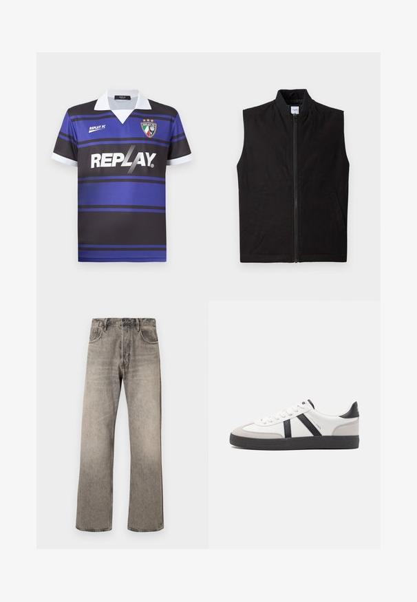 Schwarze ärmellose Weste aus strukturiertem Stoff, mit einem frontalen Reißverschluss, hohem Kragen und zwei Seitentaschen. Einfaches und funktionales Design.; Schwarz-blaues Fußballtrikot mit horizontalen Streifen, weißem Kragen und "REPLAY"-Logo. Mit einem Wappensymbol mit Sternen darüber.; Hellgraue, weit geschnittene Jeans aus Denim mit einem verwaschenen Finish. Verfügt über ein traditionelles Five-Pocket-Design und einen Gürtelschlaufenbund.; Weiße Sneaker mit schwarz- und grau-aczenten, ausgestattet mit einer strukturierten grauen Zehenkappe, schwarzer Gummi-Sohle und flachen weißen Schnürsenkeln. Sauberes Design, minimalistische Stil.