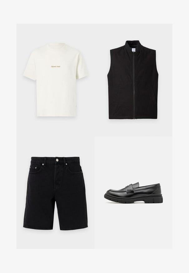 Sort ærmeløs vest lavet af tekstureret stof, med en frontlynlås, høj krave og to sidelommer. Enkel og funktionel design.; Cremefarvet bomulds T-shirt med korte ærmer, rund hals og broderet "Original Studio" logo i guld på brystet. Blød tekstur.; Sorte denimshorts med lige skæring, der har lukning med knap og lynlås, bæltestropper og forlommer. Glat tekstur, minimal dekoration.; Sort læder loafersko med en bred rem over forfoden, gummisål med tykke mønstre og glat overflade. Klassisk, slankt design.