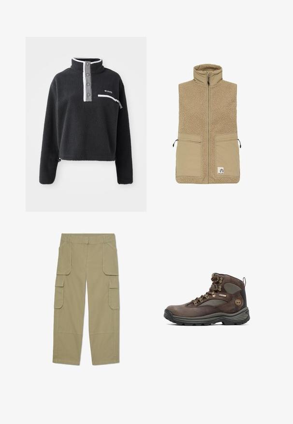 Beige fleeceforet vest med høj krave, frontlynlås og to lynlåslommer. Har en tekstureret stof og flade sømme.; Sort fleece pullover med halv lynlås krave, der har en brystlomme og kontrasterende hvide og grå detaljer. Blød tekstur, cropped design.; Khakifarvede cargobukser med flere klaplommer foran og på siderne, lige ben og bæltestropper i taljen.; Brun vandrestøvle med overdel i læder og mesh, gummisål, metaløjer og et mærket banner. Designet til holdbarhed og støtte.