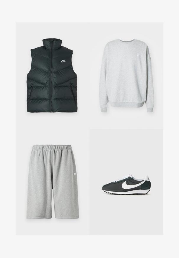 Gepolsterte schwarze Weste mit hohem Kragen, Frontreißverschluss und zwei seitlichen Reißverschlusstaschen; mit Nike-Logo auf der linken Brust.; Grauer Sweatshirt aus einem Baumwoll-Mischgewebe, mit Rundhalsausschnitt, überschnittenen Schultern und einem kleinen weißen Logo auf der Brust.; Graue Baumwollshorts mit elastischem Bund, locker geschnitten und einem kleinen weißen Logo nahe dem Saum. Glatte Textur, knielang.; Nike-Sneaker aus schwarzem Mesh mit weißem Swoosh, weißen Schnürsenkeln und dunkelgrünen Wildlederakzenten. Verfügt über eine strukturierte schwarze Gummisohle.