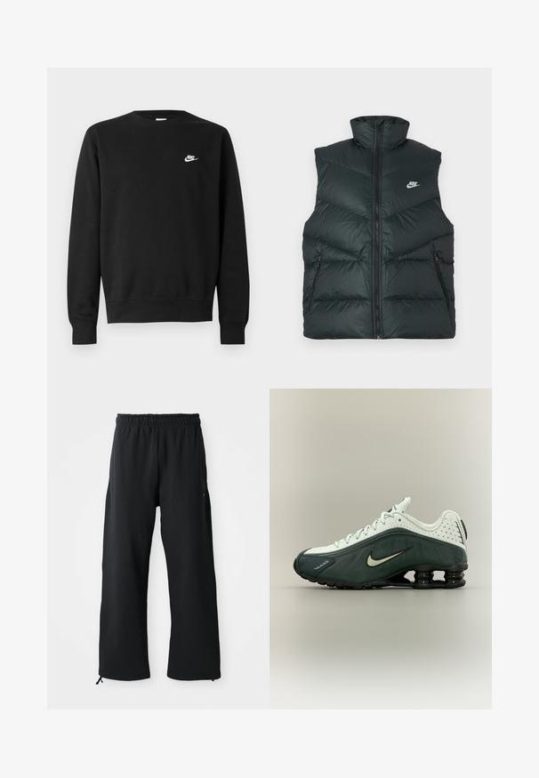 Mustast polsterdatud vest kõrge kraega, ees tõmblukk ja kaks tõmblukuga küljetaskut; vasakul rinnal Nike logo.; Mustast puuvillast dressipluus, millel on ümar kaelus, pikad varrukad ja väike valge Nike logo paremal ülakõhul.; Mustad laiad mustad püksid pehmest kangast, millel on elastne vöökoht ja nöör, küljetaskud ning sile tekstuur.; Valge ja tumeroheline Nike toss musta, vedrukujulise tallaga ja nööridega, kujutatud külgvaates neutraalsel taustal.