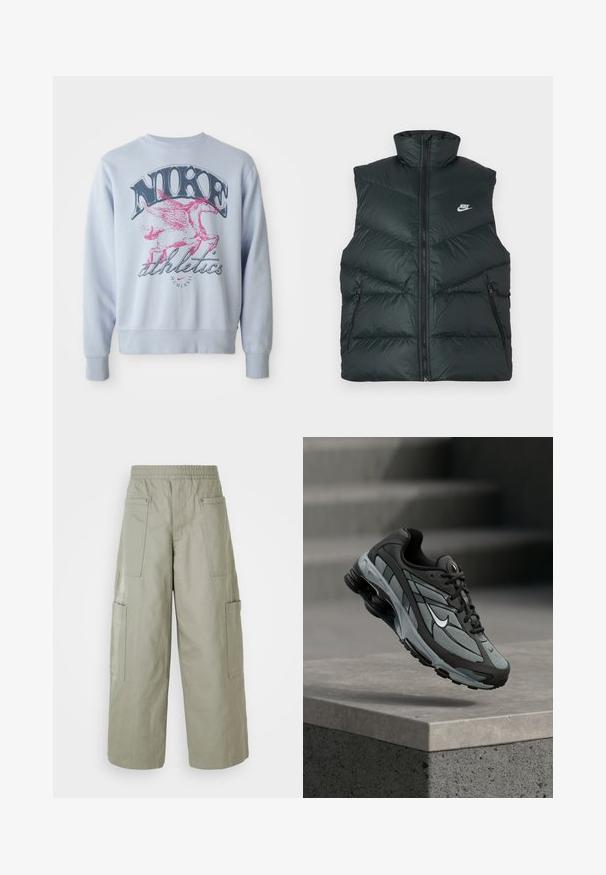 Mustast polsterdatud vest kõrge kraega, ees tõmblukk ja kaks tõmblukuga küljetaskut; vasakul rinnal Nike logo.; Heledsinine dressipluus, millel on suur graafika roosa tiivulise hobuse ja musta "NIKE" tekstiga. Pehme kangas, ümar kaelus ja soonikkraed.; Laiad, oliivrohelised cargo-püksid elastse vöökohtadega, mitme tasku ja sileda tekstuuriga. Kokkuklapitav laius allääris.; Hall ja musta sportlik toss, millel on võrkmaterjalist paneelid ja paks tald, paigutatud õhus betoonist äärekivi ja treppide kohal taustal.