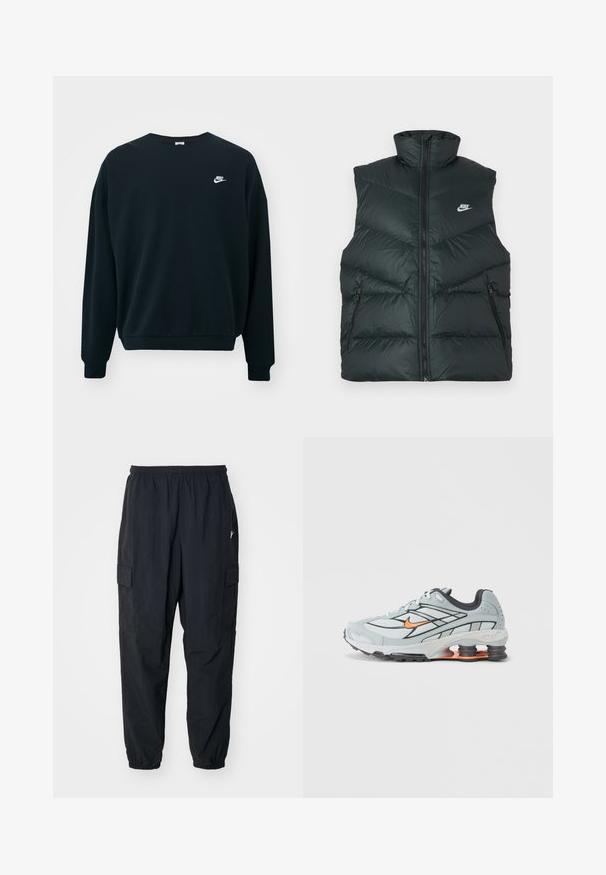 Gepolsterte schwarze Weste mit hohem Kragen, Frontreißverschluss und zwei seitlichen Reißverschlusstaschen; mit Nike-Logo auf der linken Brust.; Schwarzer Nike-Pullover mit langen Ärmeln, rundem Halsausschnitt und gerippten Bündchen. Mit einem weißen Nike-Logo auf der linken Brustseite.; Schwarze Cargo-Hosen aus leichtem Material mit einem elastischen Bund, Seitentaschen und einer lockeren Passform mit elastischen Bündchen.; Hellgrauer Laufschuh mit schwarzen Akzenten, orangefarbenem Logo, Mesh-Obermaterial, gepolstertem Schaft und Gummisohle mit sichtbaren stoßdämpfenden Einheiten.