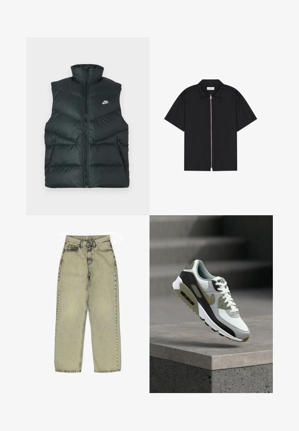 Chaleco negro acolchado con cuello alto, cremallera frontal y dos bolsillos laterales con cremallera; cuenta con el logo de Nike en el área izquierda del pecho.; Camisa negra de manga corta con un cuello afilado y cierre frontal de cremallera. Tejido suave con un ligero brillo, sin patrones ni adornos visibles.; Jeans de pierna recta de talle alto en verde claro, fabricados en denim, con un diseño clásico de cinco bolsillos y costuras en contraste a lo largo de las costuras.; Zapatilla Nike Air Max en colores blanco, negro y verde oliva descansando sobre un borde de concreto con escalones desenfocados al fondo.