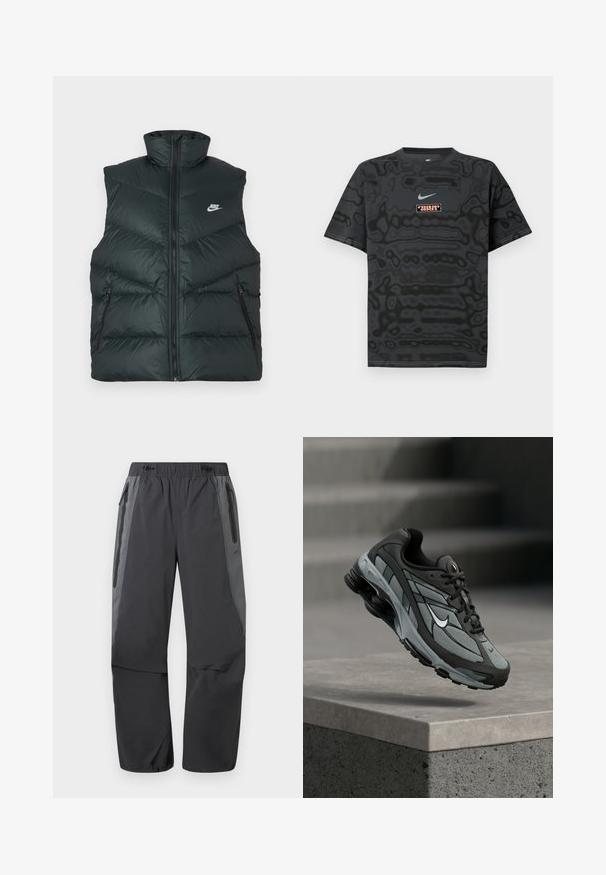 Fekete bélelt mellény magas gallérral, elülső cipzárral és két cipzáras oldalzsebbel; a bal mellrészen Nike logóval.; Fekete póló texturált mintával, kis világoskék Nike logóval és kontrasztos színű téglalap alakú logófolttal.; Sötétszürke és fekete túranadrág rugalmas derékpánttal és cipzáras oldalzsebekkel, kültéri tevékenységekhez tervezve.; Szürke és fekete sportcipő hálós panelekkel és vastag talppal, levegőben, egy beton perem és lépcsők felett háttérben.