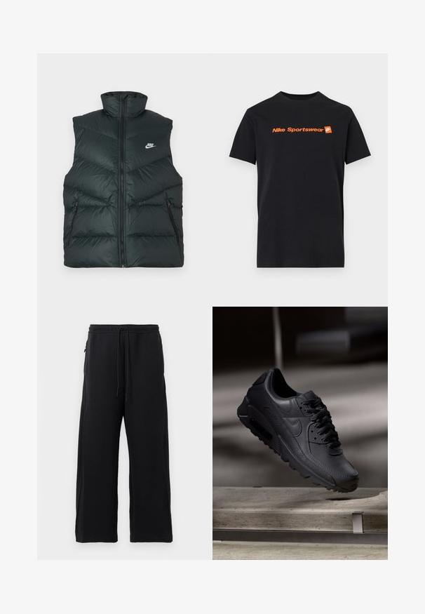 Čierna prešívaná vesta s vysokým golierom, predným zipsom a dvoma vreckami so zipsom po stranách; na ľavej strane na hrudi je logo Nike.; Čierne tričko s krátkym rukávom s oranžovým nápisom "Nike Sportswear" a malým logom Nike swoosh na štvorcovom pozadí v strede hrudníka.; Čierne tepláky z jemného materiálu, s nastaviteľným pásom, širokým strihom a bočnými vreckami s hladkým povrchom.; Čierne tenisky Nike Air Max s textúrovaným koženým zvrškom, gumovou podrážkou a výrazným šnurovacím systémom, ktoré predvádzajú štýlový, moderný dizajn.