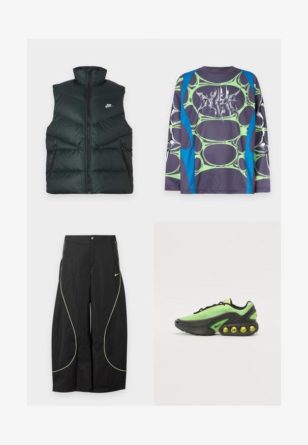 Polstret sort vest med høj krave, lynlås foran og to lynlåslommer i siderne; har Nike-logo på venstre brystområde.; Langærmet skjorte lavet af glat stof med en mørk grå bund, grønne bobleagtige mønstre og blå accenter. Fronten har en stiliseret hvid grafik.; Sorte Nike bukser med brede ben, med neon-grøn buet piping og lille Nike swoosh-logo på højre lår, knap- og lynlåslukning i taljen.; Nike sneakers med en mesh-overdel i lys grøn, sorte accenter og en karakteristisk sål med synlige gule luftbobler.