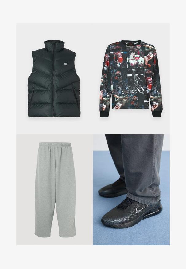 Polstret sort vest med høj krave, lynlås foran og to lynlåslommer i siderne; har Nike-logo på venstre brystområde.; Sort sweatshirt med collage af basketballbilleder, primært røde og hvide accenter, med rund hals og ribstrikkede ærmekanter.; Lysegrå joggingbukser med elastisk taljebånd, konisk ben-design og blød tekstur. Ingen synligt mærke eller mønstre.; Sorte Nike træningssko med en struktureret overdel, perforerede detaljer og en synlig luftdæmpningsenhed, parret med grå bukser.