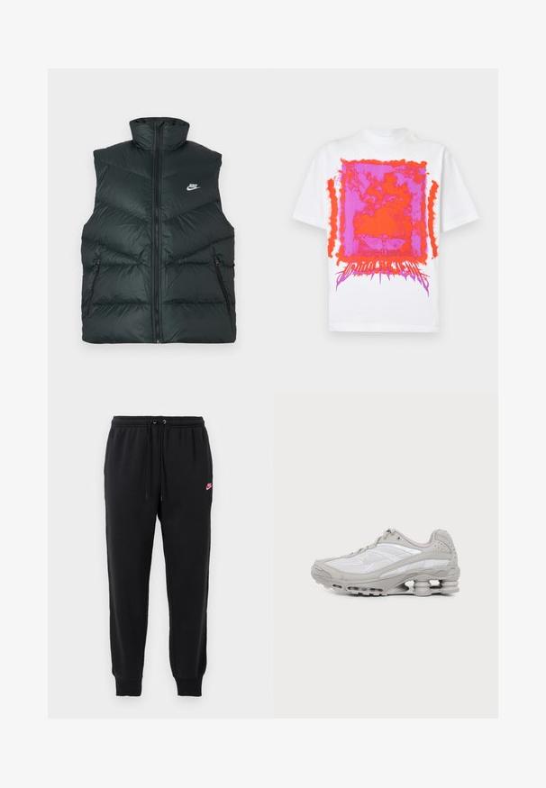 Polstret sort vest med høj krave, lynlås foran og to lynlåslommer i siderne; har Nike-logo på venstre brystområde.; Hvid T-shirt med korte ærmer med en iøjnefaldende pink og orange abstrakt rektangulær grafik og stiliseret tekst nederst i midten foran.; Sorte svedbukser lavet af blødt stof med elastisk talje, justerbar snøre og et lille pink Nike-logo på venstre side.; Grå og hvid atletiksko med synlig luftpolstret sål og mesh-paneler, vist i profil på en ensartet lys baggrund.
