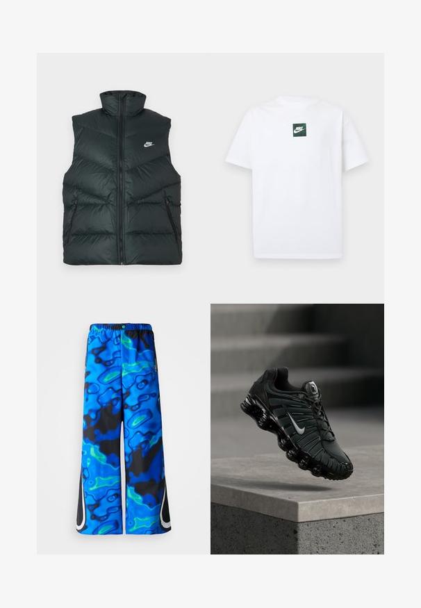 Mustast polsterdatud vest kõrge kraega, ees tõmblukk ja kaks tõmblukuga küljetaskut; vasakul rinnal Nike logo.; Valge lühikeste varrukatega Nike T-särk, millel on väike roheline ruutlogo, kus on Nike swoosh ja tekst, mis asub rinnal keskel.; Sinised ja mustad abstraktsed mustriga laiad püksid elastse vöökoha ja lukuga küljetaskutega ühtlases taustas.; Must ja tumehall Nike jooksujalats, millel on valge Swooshi logo, ripub betoonist serva kohal ning taustal on trepid.