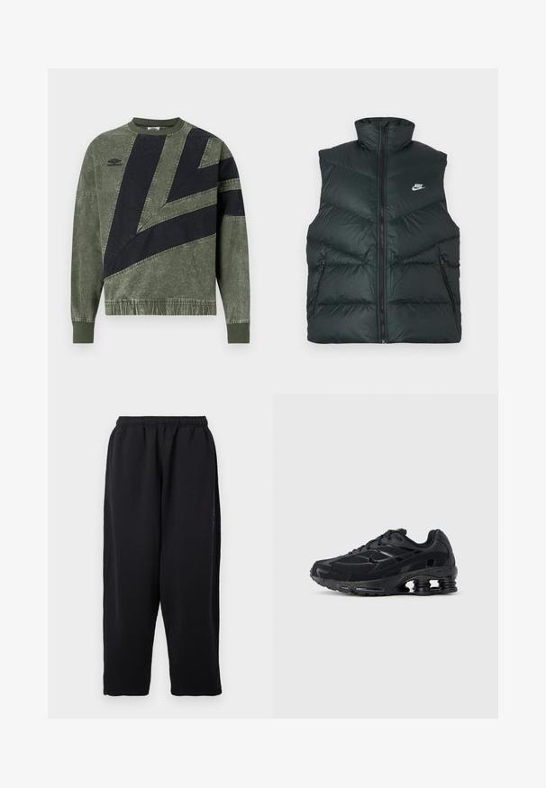 Polstret sort vest med høj krave, lynlås foran og to lynlåslommer i siderne; har Nike-logo på venstre brystområde.; Langærmet sweatshirt i grøn og sort farveblok med ribbede manchetter og krave, med Umbro-logo på venstre bryst.; Sorte joggingbukser lavet af blødt stof med elastisk taljebånd, vidde ben og sidelommer med diskrete blå detaljer.; Sort atletiksko med mesh-overdel, polstret krave og markant støddæmpningsteknologi ved hælen. Har teksturerede detaljer og snørebånd.