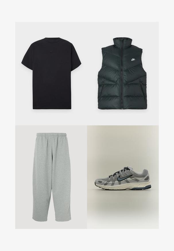 Gewatteerd zwart vest met hoge kraag, ritssluiting aan de voorkant en twee ritssluitingen aan de zijkanten; voorzien van het Nike-logo op de linkerborst.; Zwart Nike-t-shirt met korte mouwen, ronde hals en klein zwart Nike-logo midden op de borst.; Lichtgrijze joggingbroek met een elastische tailleband, taps toelopend ontwerp en zachte textuur. Geen zichtbare merklogo's of patronen.; Grijze en witte Nike hardloopschoen met zwarte veters en blauw Swoosh-logo op een neutrale achtergrond, zijaanzicht.