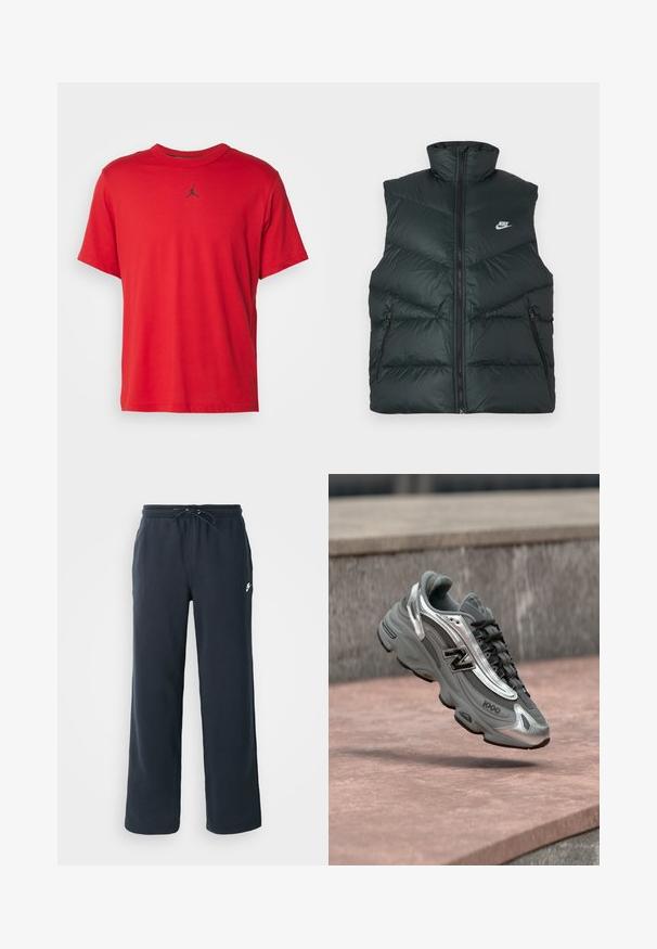 Čierna prešívaná vesta s vysokým golierom, predným zipsom a dvoma vreckami so zipsom po stranách; na ľavej strane na hrudi je logo Nike.; Červené bavlnené tričko s krátkym rukávom, okrúhlym výstrihom a malým čiernym logom Jordan na hrudi, s rovnou dolnou líniou.; Tmavomodré tepláky s elastickým pásom a šnúrkou. Vyrobené z mäkkej látky, s malým bielym logom na ľavom boku.; Šedá a strieborná teniska New Balance označená „1000“ vznášajúca sa nad ružovkastým kamenným povrchom s pozadím zo šedej kamennej steny.