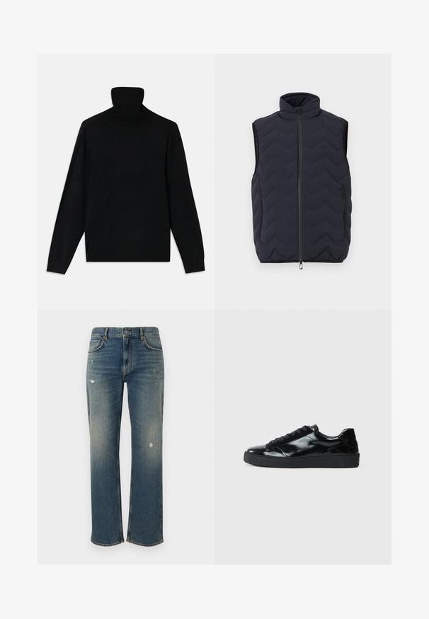Ærmeløs sort quiltet vest med høj krave, lynlås foran og to lynlåslommer på siden.; Sort turtleneck sweater, lavet af blødt strikstof, med lange ærmer og en figursyet silhuet. Simpelt design, ingen synlige mønstre eller accenter.; Denim jeans i medium blå med lige pasform, der har let slid og distressed lapper. Klassisk fem-lomme design og knaplukning i toppen.; Sorte laklæder sneakers med rund tå, snørredesign, tekstureret gummisål og en glat overflade.