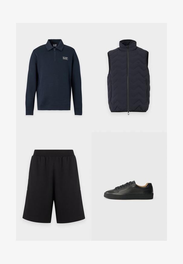 Veste sans manches noire matelassée avec col montant, fermeture éclair à l'avant et deux poches latérales zippées.; Pull bleu marine à manches longues avec col à fermeture éclair partielle et petit logo EA7 Emporio Armani sur la poitrine gauche.; Shorts noirs avec une taille élastique, fabriqués en tissu doux, présentant des jambes à coupe droite et sans motifs ni accents apparents.; Baskets basses en cuir noir avec surface texturée, lacets noirs et semelle en caoutchouc épaisse, présentées de côté sur un fond clair.