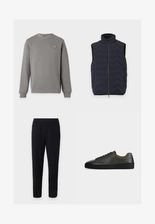 Veste sans manches noire matelassée avec col montant, fermeture éclair à l'avant et deux poches latérales zippées.; Sweat-shirt gris à manches longues avec col rond, poignets et ourlet côtelés, comportant un petit patch logo EA7 Emporio Armani sur la partie supérieure gauche de la poitrine.; Pantalon noir sur mesure avec ceinture élastique, plis avant soigneusement repassés, et coupe droite, sur un fond gris clair.; Basket basse en cuir gris foncé avec lacets et semelle noirs, design minimaliste, profil latéral sur un fond clair uni.