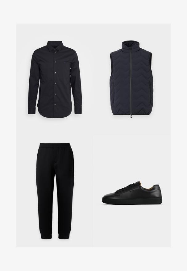 Chaleco negro acolchado sin mangas con cuello alto, cremallera frontal y dos bolsillos laterales con cremallera.; Camisa negra de manga larga y botonadura, confeccionada en una tela suave, con un cuello clásico, mangas de longitud completa y un pequeño logo en el pecho.; Pantalones deportivos negros ajustados con cintura y puños elásticos, bolsillos laterales y logo sutil en el muslo derecho sobre fondo liso.; Zapatilla negra de piel de corte bajo con cordones negros, suela de goma texturizada y pequeño logo en relieve en el lateral, mostrada de perfil sobre fondo gris.