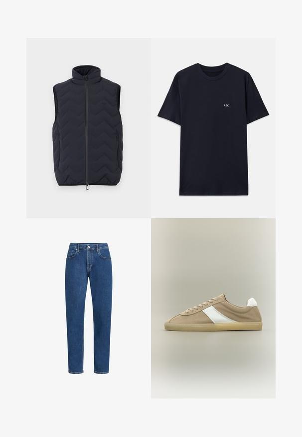 Chaleco negro acolchado sin mangas con cuello alto, cremallera frontal y dos bolsillos laterales con cremallera.; Camiseta de algodón de color azul marino con mangas cortas y cuello redondo. Presenta un pequeño logo blanco "A|X" en la parte izquierda del pecho.; Vaqueros de mezclilla azul con un corte recto, diseño de cinco bolsillos, costuras sutiles y un cierre de botón en la cintura.; Deportiva de ante marrón claro con suela beige, lengüeta trasera blanca, raya lateral blanca y cierre de cordones sobre fondo neutro.