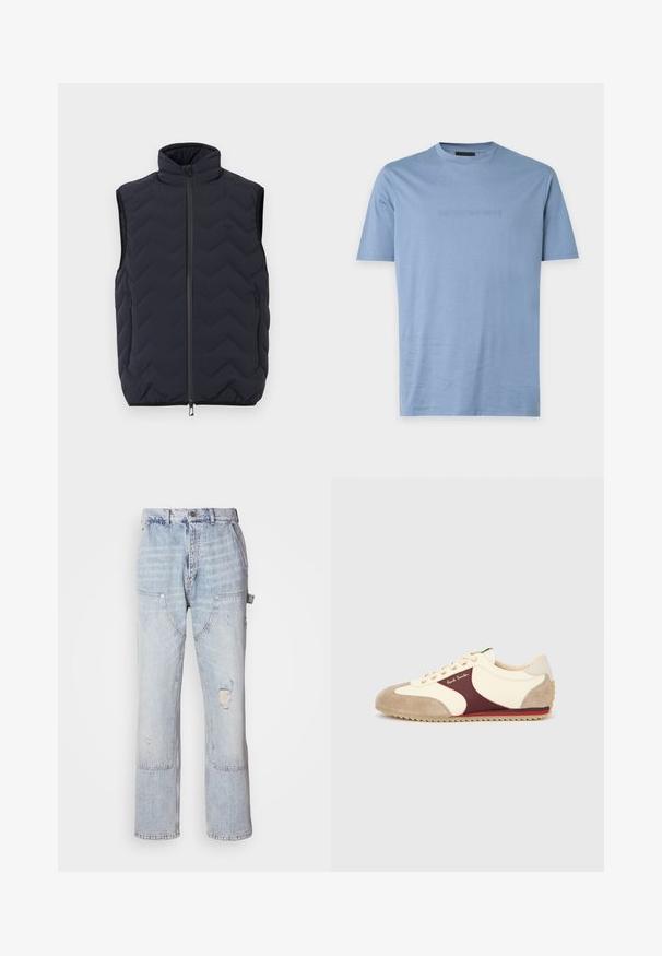 Ærmeløs sort quiltet vest med høj krave, lynlås foran og to lynlåslommer på siden.; Lyseblå T-shirt med korte ærmer og rund halsudskæring med subtilt prægede Emporio Armani-logo i midten af brystet.; Lyseblå denim carpenter jeans med flere lommer, en frontknap, lynlås og slidte detaljer på højre lår.; Sporty sneaker med cremefarvet stofoverdel, mørkerødt ruskindsaccent, beige tåhætte og tekstureret gummisål med zigzag-mønster.