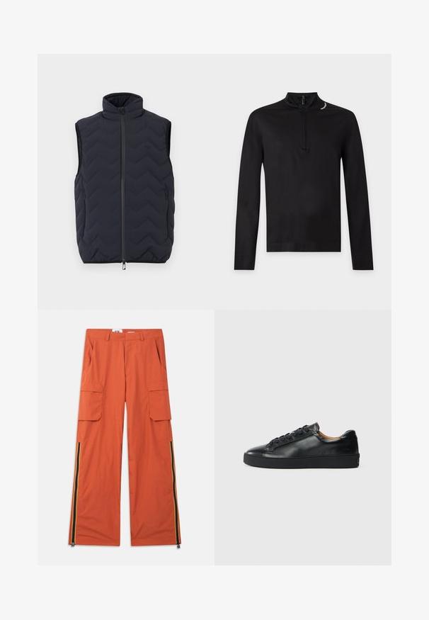 Veste sans manches noire matelassée avec col montant, fermeture éclair à l'avant et deux poches latérales zippées.; Chemise noire à manches longues avec un col à demi-fermeture éclair et un logo blanc incurvé subtil près de l'encolure sur un fond clair uni.; Pantalon cargo orange avec deux poches latérales et un design à jambes larges. Caractérisé par des rayures verticales en bleu, jaune et rouge le long des coutures.; Baskets en cuir noir avec une texture lisse, bout rond et fermeture à lacets. Comprend une semelle en caoutchouc épaisse et un minimum de détails de marque.