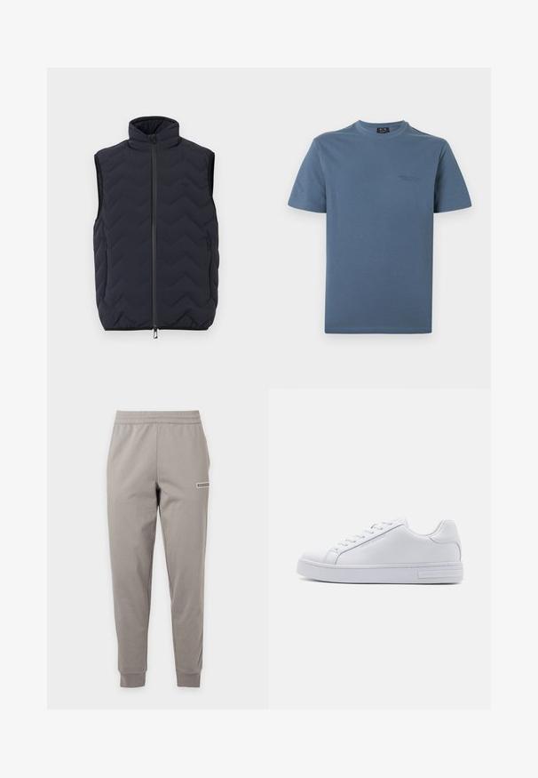 Ärmellose schwarze gesteppte Weste mit hohem Kragen, durchgehendem Reißverschluss vorne und zwei seitlichen Reißverschlusstaschen.; Blaues T-Shirt mit Rundhalsausschnitt und kurzen Ärmeln, mit dezentem Armani Exchange Logo auf der linken Brust, vor weißem Hintergrund.; Hellgraue Slim-Fit Jogginghose mit elastischem Bund und Bündchen, mit kleinem rechteckigem Logo am rechten Oberschenkel.; Weiße Ledersneaker mit glatter Textur, runder Zehenform, Schnürung vorne und flacher Gummisohle. Mit eingeprägtem Branding an der Ferse.