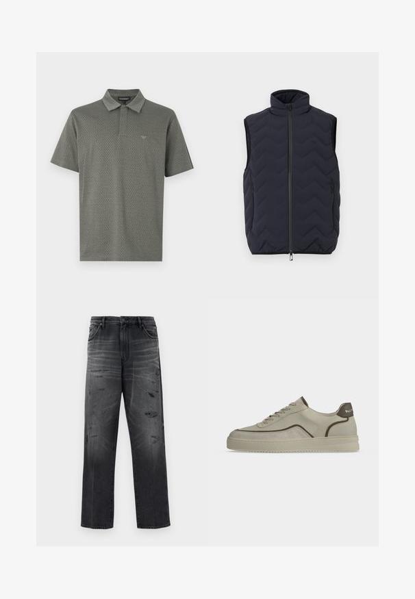 Veste sans manches noire matelassée avec col montant, fermeture éclair à l'avant et deux poches latérales zippées.; Polo à manches courtes de couleur vert foncé avec un motif géométrique texturé, col classique et logo discret brodé sur la poitrine.; Jean en denim noir avec une coupe décontractée, présentant un design délavé et des patchs déchirés. Style standard cinq poches et fermeture à bouton.; Baskets basses beige avec bordure marron, design à lacets et marquage embossé sur la semelle sur fond blanc.
