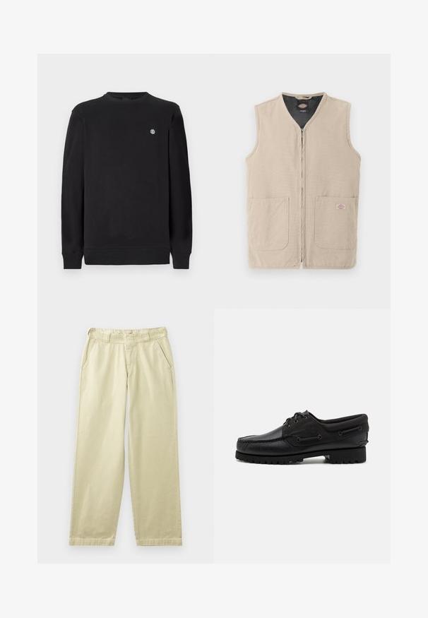Beige ärmellose Arbeitsweste mit Frontreißverschluss, zwei großen Fronttaschen und schwarzem Innenfutter.; Schwarzer Langarm-Crewneck-Sweatshirt mit kleinem weißen runden Logo auf der linken Brust, gerippten Bündchen und Saum.; Beige Baumwollhosen mit lockerem Schnitt, ausgestattet mit Seitentaschen, Gürtelschlaufen und geraden Beinen. Glatte Textur mit minimalen Nahtdetails.; Schwarzer Schuh mit einem Obermaterial aus Leder, textilen Akzenten, runden Schnürsenkeln und einer strukturierten Gummisohle. Verfügt über Mokassin-Nähte und eine Markeninschrift.