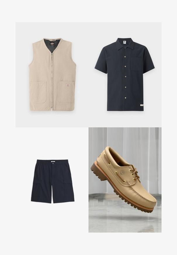 Veste de travail sans manches beige avec fermeture éclair frontale, deux grandes poches avant et doublure intérieure noire.; Chemise bleu marine à manches courtes avec boutons, poche poitrine à l'avant et petite étiquette blanche en tissu près de l'ourlet sur fond blanc.; Shorts cargo pour hommes bleu marine avec une ceinture élastique, un bouton à l'avant, des poches latérales et des poches à rabat sur chaque cuisse.; Chaussure bateau en cuir marron clair avec semelle épaisse et striée et détails de lacets, flottant au-dessus d'un sol en marbre et d'un fond de stores verticaux blancs.