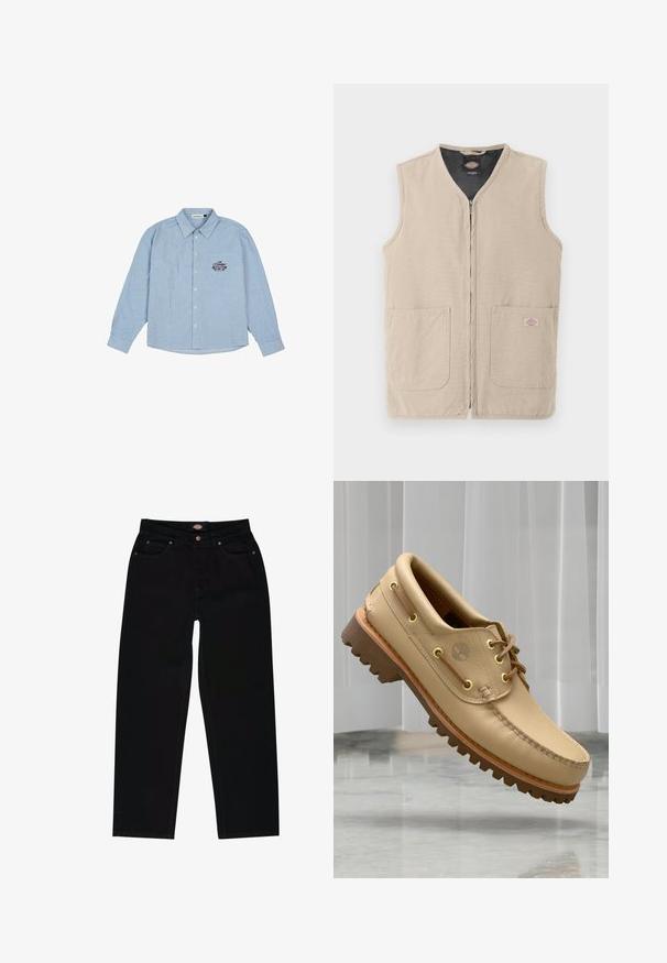 Veste de travail sans manches beige avec fermeture éclair frontale, deux grandes poches avant et doublure intérieure noire.; Chemise rayée bleu clair, à manches longues, boutonnière à l'avant et col pointu. Présente un design brodé sur le côté gauche.; Jean en denim noir avec une coupe droite, présentant cinq poches, des coutures marron et une fermeture éclair. Texture lisse et matériau durable.; Chaussure bateau en cuir marron clair avec semelle épaisse et striée et détails de lacets, flottant au-dessus d'un sol en marbre et d'un fond de stores verticaux blancs.