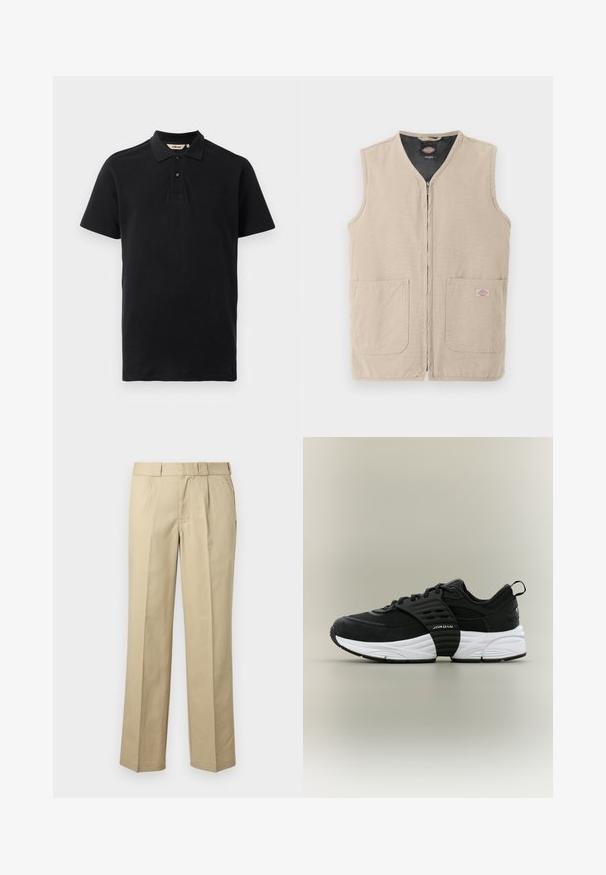 Beige mouwloze werkvest met ritssluiting aan de voorkant, twee grote voorzakken en een zwarte voering aan de binnenkant.; Zwarte polo shirt van textuur katoen. Heeft een twee-knopen sluiting, korte mouwen en een subtiele geborduurde logo op de borst.; Beige rechte jurkbroek met riemlussen, voorplooien en zijzakken op een effen achtergrond.; Zwart-witte Jordan sneaker met mesh- en suède bovenwerk, dikke witte zool, zwarte middenvoetband en een trekkoord op de hiel.