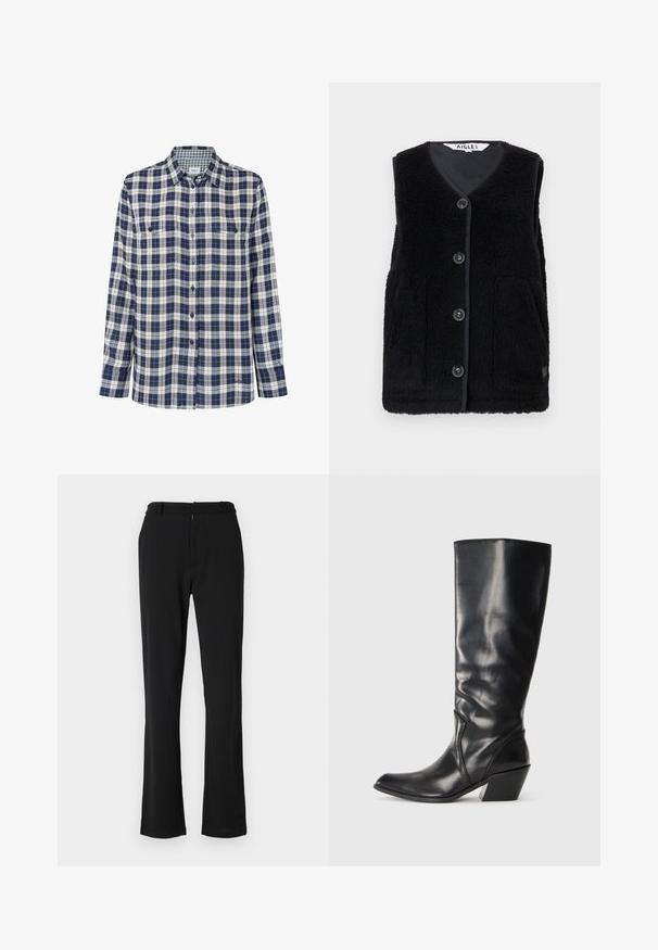 Schwarze Fleece-Weste mit V-Ausschnitt, fünf Knopfverschluss vorne und zwei seitlichen Taschen. Weiche Textur mit kontrastierendem Stoff an den Rändern.; Karierte Flanellhemd in Marineblau, Weiß und Rot. Lange Ärmel, geknöpfte Front, zwei Brusttaschen und ein dezentes Logo am Saum.; Schwarze, ausgestellte Hose mit glatter Textur, ausgestattet mit flachem vorderen Bereich, Gürtelschlaufen und Reißverschluss. Für eine taillierte Passform entworfen.; Schwarze Leder-Stiefel bis zum Knie mit spitzem Zeh, angularer Ferse und glatter Textur. Verfügt über einen dezenten gesteppten Akzent an der Seite.