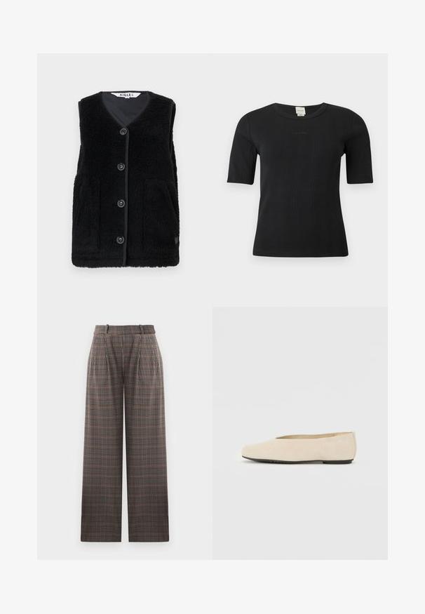 Gilet en polaire noir avec un col en V, fermeture à cinq boutons à l'avant et deux poches latérales. Texture douce avec un tissu contrastant le long des bords.; Haut Calvin Klein noir à manches courtes côtelées, col rond et logo discret brodé sur la poitrine, sur un fond uni.; Pantalons à carreaux au design ample, présentant des plis, une taille haute, et un mélange de couleurs marron, noir et bleu clair.; Ballerine en daim beige avec un bout arrondi, semelle plate et design minimaliste. Texture lisse et sans matériel ou ornements visibles.