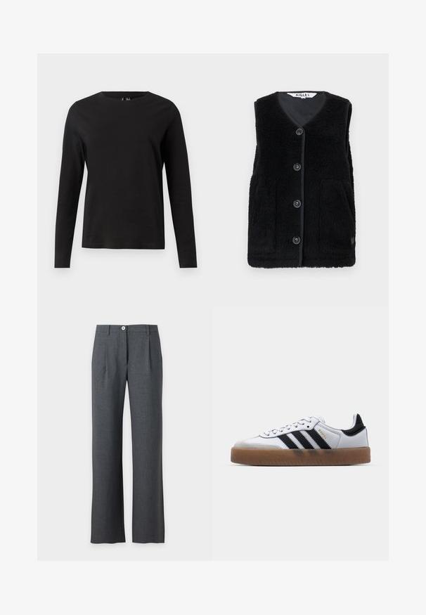 Sort fleece vest med v-hals, fem knaplukning foran og to sidelommer. Blød tekstur med kontraststof langs kanterne.; Sort langærmet t-shirt lavet af bomuld med rund hals. Har en glat tekstur og et simpel design, velegnet til afslappet brug.; Skræddersyede, mørkegrå bukser med lige ben, frontknap og bæltestropper, med subtile plisseringer under taljebåndet.; Hvide lædersneakers med sorte striber, gummirubber sål, rund tå, snørelukning og blød grå ruskinds tåhætte.