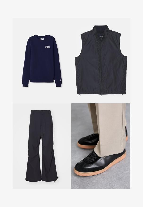 Must mustata ilma krae ja lukk esiosa, valmistatud kergest kangast, millel on sile tekstuur ja lihtne disain.; Tumed sinine crewneck sweatshirth, mis on valmistatud puuvillast, millel on rinnal väike valge logo ja mansetil logo silt. Klassikaline lõige, ribatud alläär.; Tumesinine laiad püksid, millel on sile kangas, kaks esist taskut ja nööriga kaunistused hemil. Puhtne, kohandatud disain ilma kaunistusteta.; Paul Smith COMO - Tossud - black