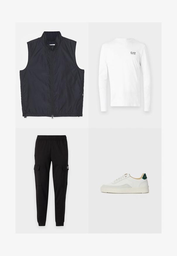 Sort ærmeløs vest med høj krave, lynlås foran, lavet af letvægtsstof, med en glat tekstur og enkelt design.; Hvid langærmet T-shirt lavet af bomuld, med et lille sort EA7-logo på venstre brystområde. Enkel design med rund halsudskæring.; Sorte cargobukser med elastisk talje, to sidelommer og logodetaljer på venstre side. Glat tekstur, der bliver smallere ved anklerne.; Hvide sneakers med ruskindsdetaljer, rund tå, flade snørebånd og en cremet gummisål. Har grøn branding på hælen.