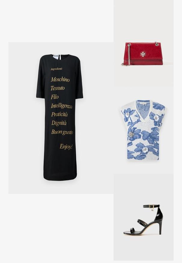 Hvid strikket ærmeløs sweatervest med blå blomsterprint og dekorative hvide og sølvfarvede blomsterpins foran.; Sort kjole med en løs pasform, med guldtekst der opremser ingredienser. Rund halsudskæring og trekvartærmer. Enkel, minimalistisk design.; Sorte patenterede lædersandaler med tre stropper, ankelspænde og 10 cm stiletthæl. Har detaljer i guld og et logo charms.; Rød læder crossbody taske med en sølv kædetras og sølv logoemblemet på forsiden af klappen, sat mod en hvid baggrund.