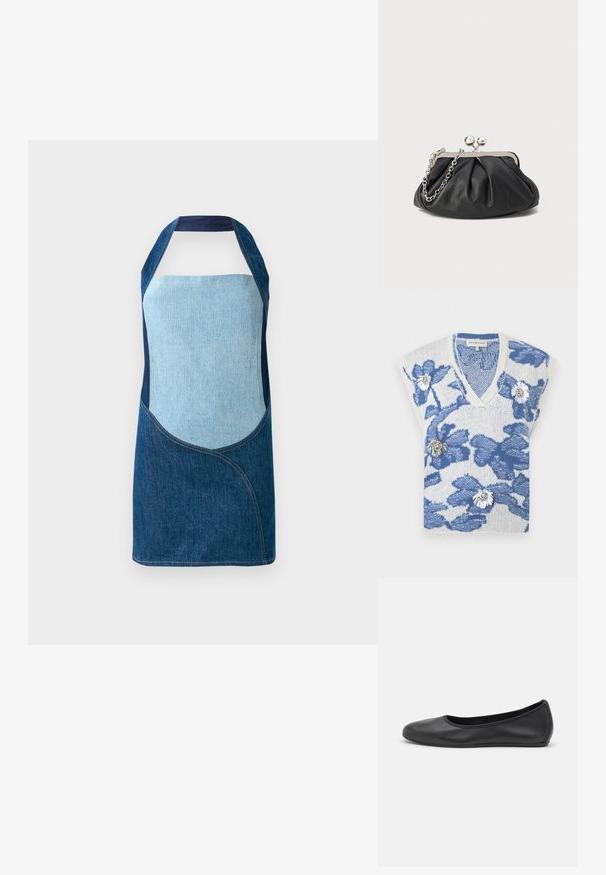 Witte gebreide mouwloze trui met blauwe bloemmotieven en decoratieve witte en zilveren bloemspelden aan de voorkant.; Denim schort met een mix van licht en donkerblauwe stoffen, met gebogen paneelontwerpen en een halternek silhouet.; Zwarte leren ballerina met een ronde neus, gladde textuur, minimale stikdetails en een flexibele zoolontwerp.; Zwarte leren clutch met geplooide textuur, zilverkleurig metalen frame, drukknopsluiting en kettingriem. Glad, zacht oppervlak.