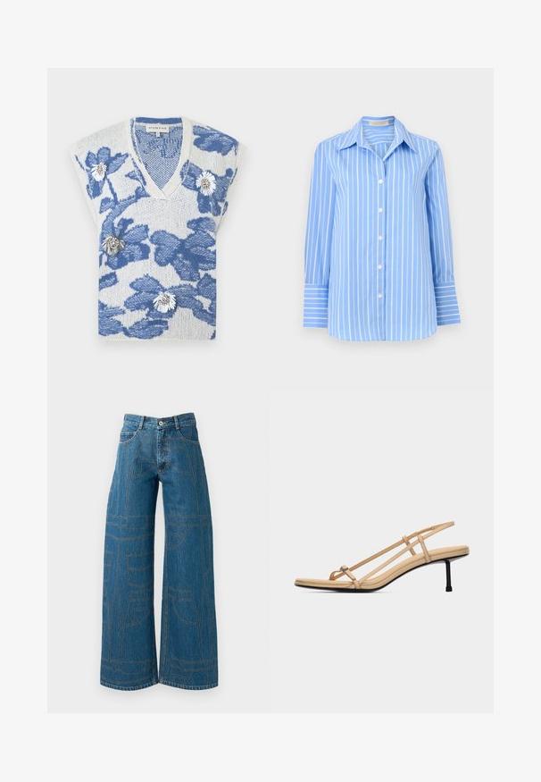 Gilet en tricot sans manches blanc avec des motifs floraux bleus et des épingles décoratives blanches et argentées en forme de fleurs à l'avant.; Chemise bleu clair à manches longues avec rayures blanches verticales et col pointu, présentée sur un fond blanc.; Jeans évasés en denim bleu moyen avec des motifs de couture contrastants et plusieurs designs de poches. Taille haute avec une fermeture à bouton.; Sandale beige à lanières avec une fine boucle pour l'orteil, deux lanières latérales, une bride arrière, une semelle rembourrée et un talon noir élégant de hauteur moyenne.