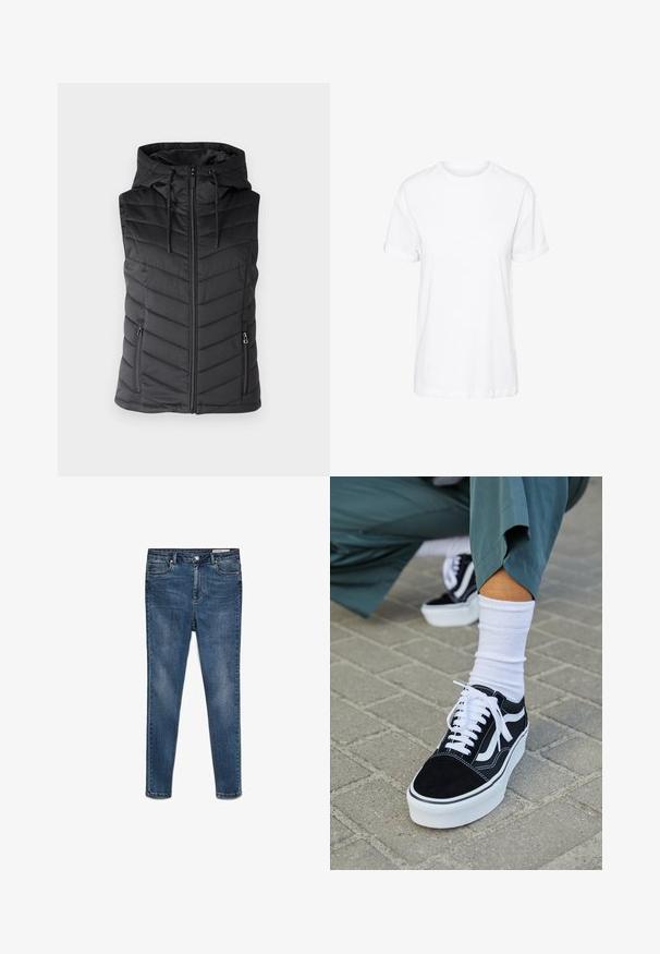 Schwarze wattierte Weste mit Kapuze, mit Reißverschluss vorne, Wellensteppmuster und zwei seitlichen Reißverschlusstaschen. Glatte Textur.; Weißes Baumwoll-T-Shirt mit kurzen Ärmeln, Rundhalsausschnitt und legerem Schnitt, mit glatter Textur und ohne sichtbare Muster.; Dunkelblaue Denim-Skinny-Jeans mit mittlerer Taille, fünf Taschen und dezenten Abnutzungen. Verfügt über einen Knopf- und Reißverschluss.; Schwarze Wildledersneaker mit weißen Akzenten und Schnürsenkeln, ausgestattet mit einer dicken weißen Sohle und kontrastierenden Nähten, kombiniert mit einer weißen Socke.