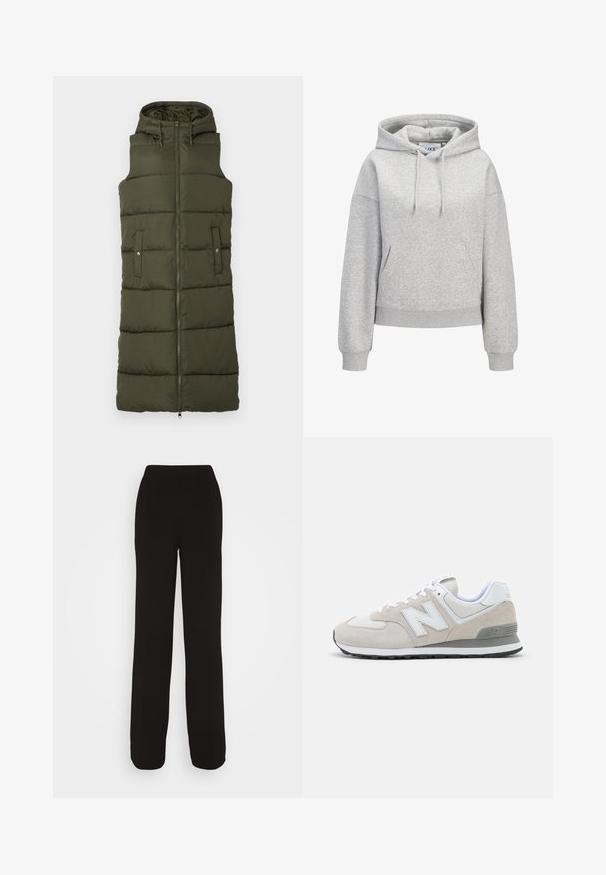 Olijf groene gewatteerde vest met een capuchon, volledige ritssluiting aan de voorkant en twee zijzakken. Kenmerkt zich door horizontale stiksels en een gladde textuur.; Lichtgrijze hoodie met een voorzak in kangeroestijl, verstelbare trekkoordkap, geribbelde manchetten en zoom, en een klein wit logo van "JUXX STUDIO" op de borst.; ONLY ONLANSA WIDE PULL ON PANT - Broek - black; Lichtbeige sneakers met een mix van suède en mesh materialen. Het ontwerp heeft een opvallend wit logo en grijze accenten. Rubberen buitenzool.