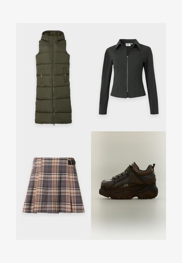 Olijf groene gewatteerde vest met een capuchon, volledige ritssluiting aan de voorkant en twee zijzakken. Kenmerkt zich door horizontale stiksels en een gladde textuur.; Zwarte getailleerde blazer met dunne witte verticale streepmotief, lange mouwen, kraag en voorste ritssluiting.; Geruite rok in grijs, beige en roestkleur; heeft plooien, een gespdetail en een gestructureerd ontwerp. Gemaakt van een geweven stof.; Donkerbruine leren platform sneaker met dikke zool, veterfront, gevoerde kraag en trekhaak bij de hiel, naar links gericht op een effen achtergrond.