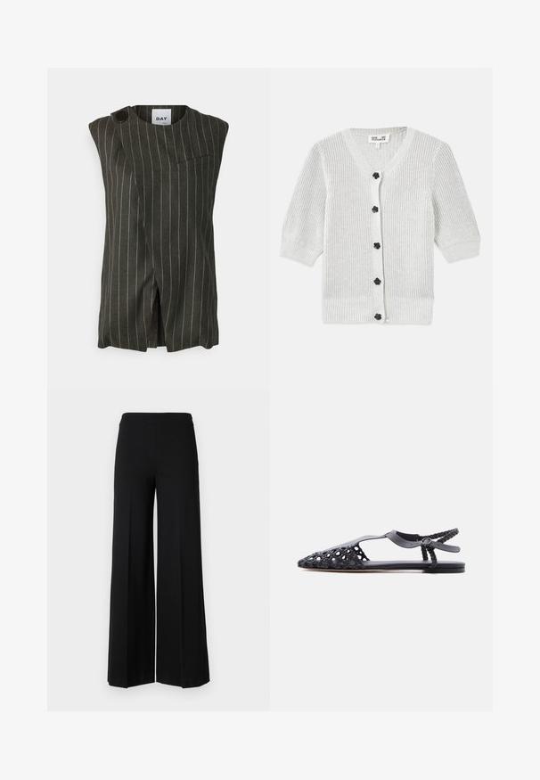 Chaleco sin mangas de color verde oscuro con rayas verticales blancas, cierre con un solo botón y un bolsillo en el pecho; presenta un diseño con abertura frontal.; Cardigan de punto gris con escote en V, mangas tres cuartos, tejido texturizado y botones florales negros en la parte delantera.; Pantalones de pierna ancha negros con una textura suave, que presentan una cinturilla alta y sin cierres visibles. Diseño simple y limpio.; Sandalia plana negra con puntera puntiaguda tejida, tira en T, correa trenzada en el tobillo y cierre de hebilla sobre un fondo blanco liso.