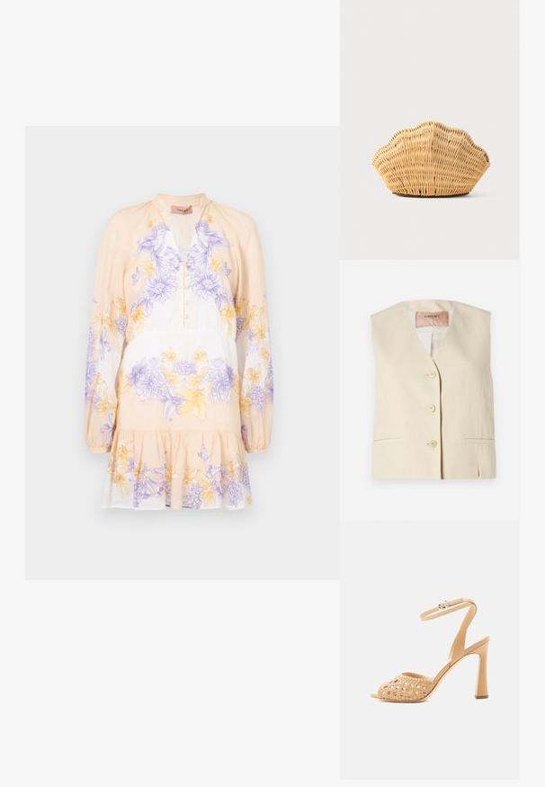 Chaleco beige con escote en V, que cuenta con cuatro botones frontales, bolsillos laterales y un acabado de tejido suave y texturizado. Etiqueta de la marca: Twinset.; TWINSET DRESS - Vestido informal - lavender/yellow; Sandalia de tacón alto beige con tira frontal tejida y tira en el tobillo con hebilla sobre fondo liso claro.; Bolso de mano de ratán tejido con forma de concha de vieira, de color marrón claro natural y bordes redondeados y texturizados.