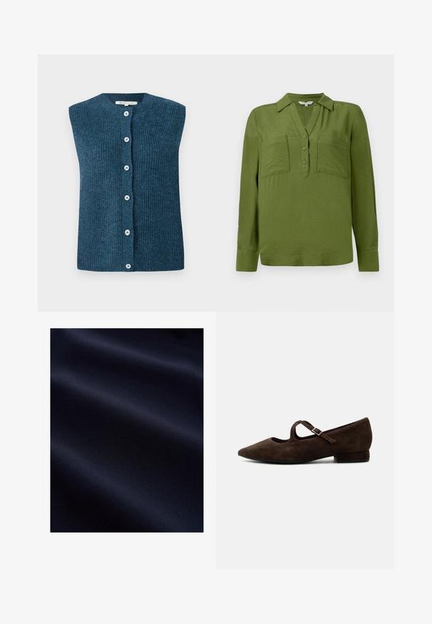 TOM TAILOR DENIM SOFT VEST - Vest - dark sea petrol; TOM TAILOR BLOUSE STRUCTURED SOLID - Bluse - deep ivy green; Mørk navyblåt glat stof med bløde folder og subtil tekstur, der antyder et let og fint materiale.; Mørkebrun ruskind Mary Jane-sko med spids tå, tynd rem med metalspænde og lav blokhæl, fotograferet i profil på hvid baggrund.
