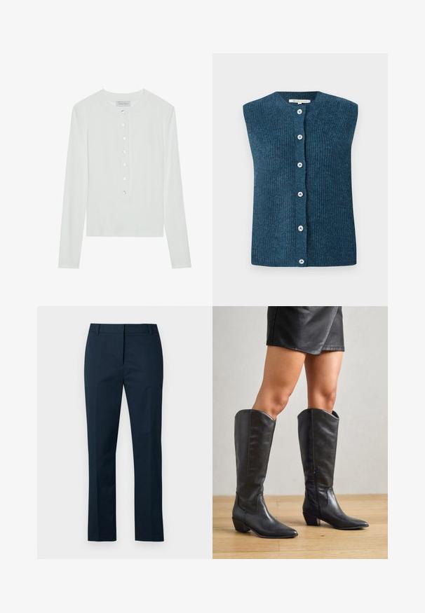 TOM TAILOR DENIM SOFT VEST - Vest - dark sea petrol; Hvid langærmet top lavet af ribbet stof, med en rund halsudskæring og en knaplukning foran med seks klare knapper.; Marineblå bukser lavet af blødt stof, med en slank pasform, lige ben og en flad front med bæltestropper.; Sorte knæhøje støvler lavet af glat læder, med spidse tæer, lav blokhæle og lynlås i siden for nem påtagning.